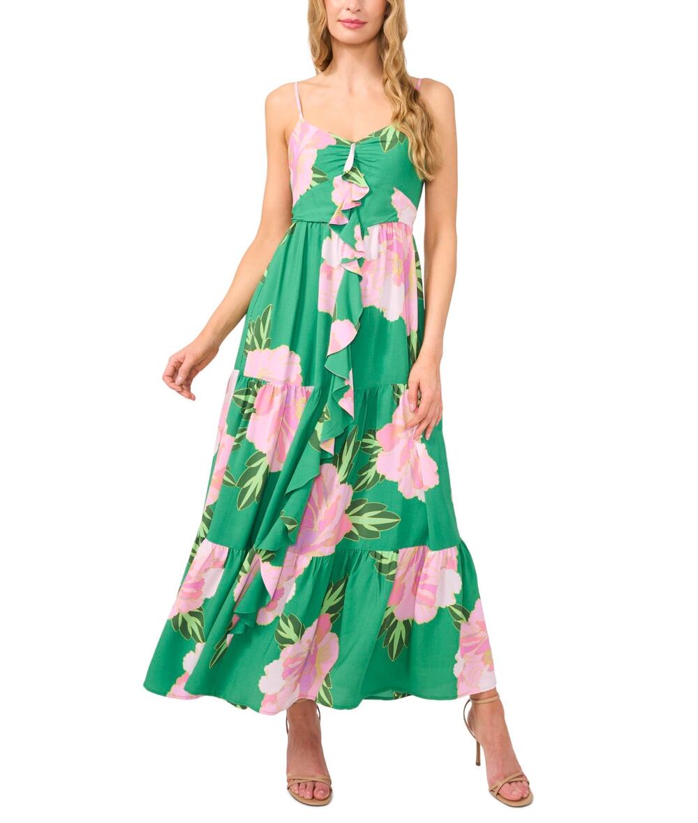 CECE Ruffle-Front Tiered Floral Maxi Dress Large Green Peony Blossom NWT